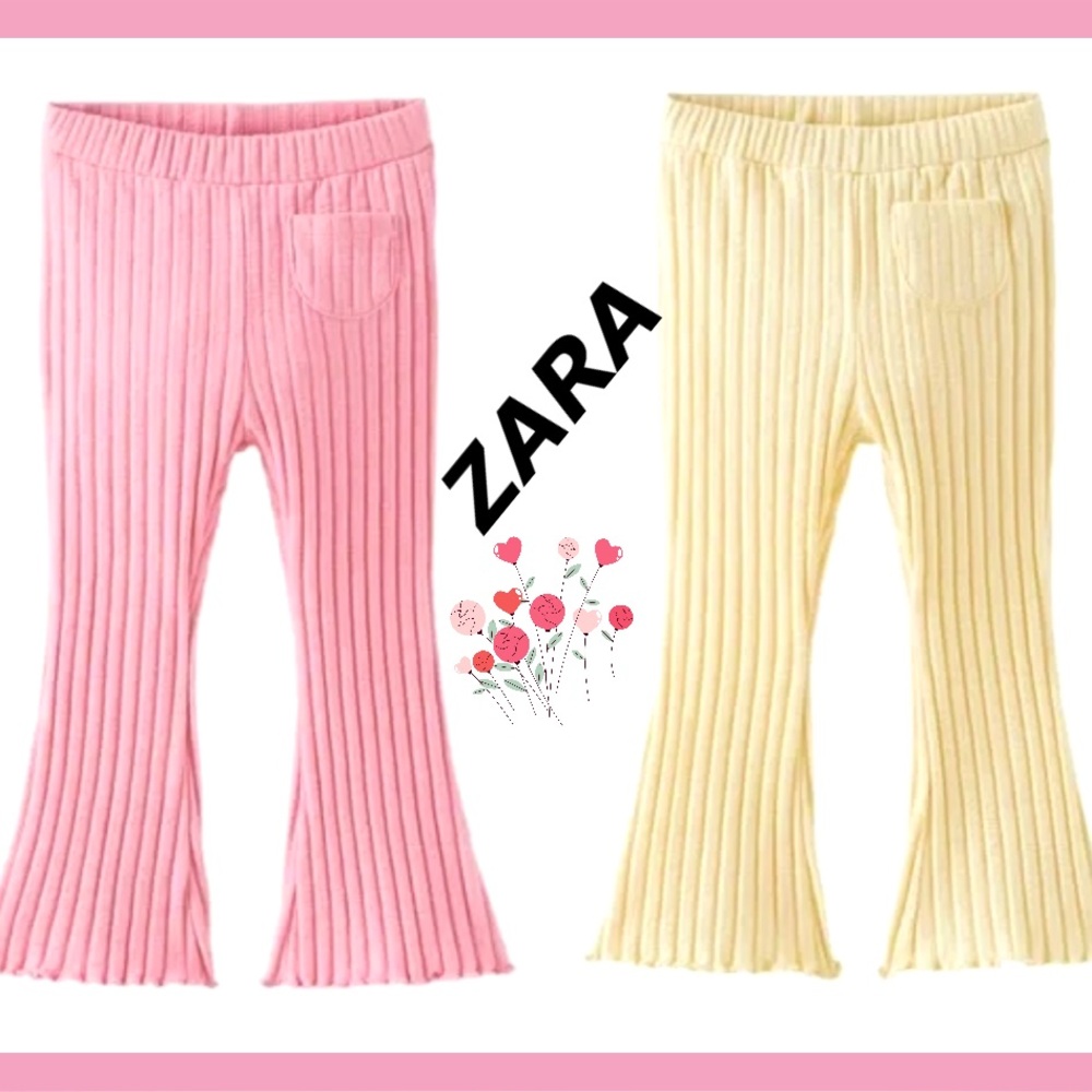 ZARA TODDLER RIBBED LEGGINGS - Pink and Cream w/Front Pocket Trim Sz 18-24 Mos